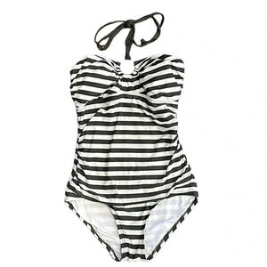 Michael Kors Striped Ivy Logo Ring Shirred One Piece Swimsuit Size 6 Beach Vacay